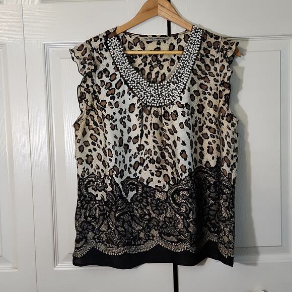 Signature By Larry Levine Leopard Print Cap Sleeve Mesh Faux Pearls Blouse Sz PL - Picture 1 of 10